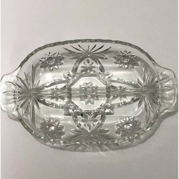 Set of 2 Identical Depression Cut Glass Divided Relish Trays Clear Oval Star - Picture 4 of 14